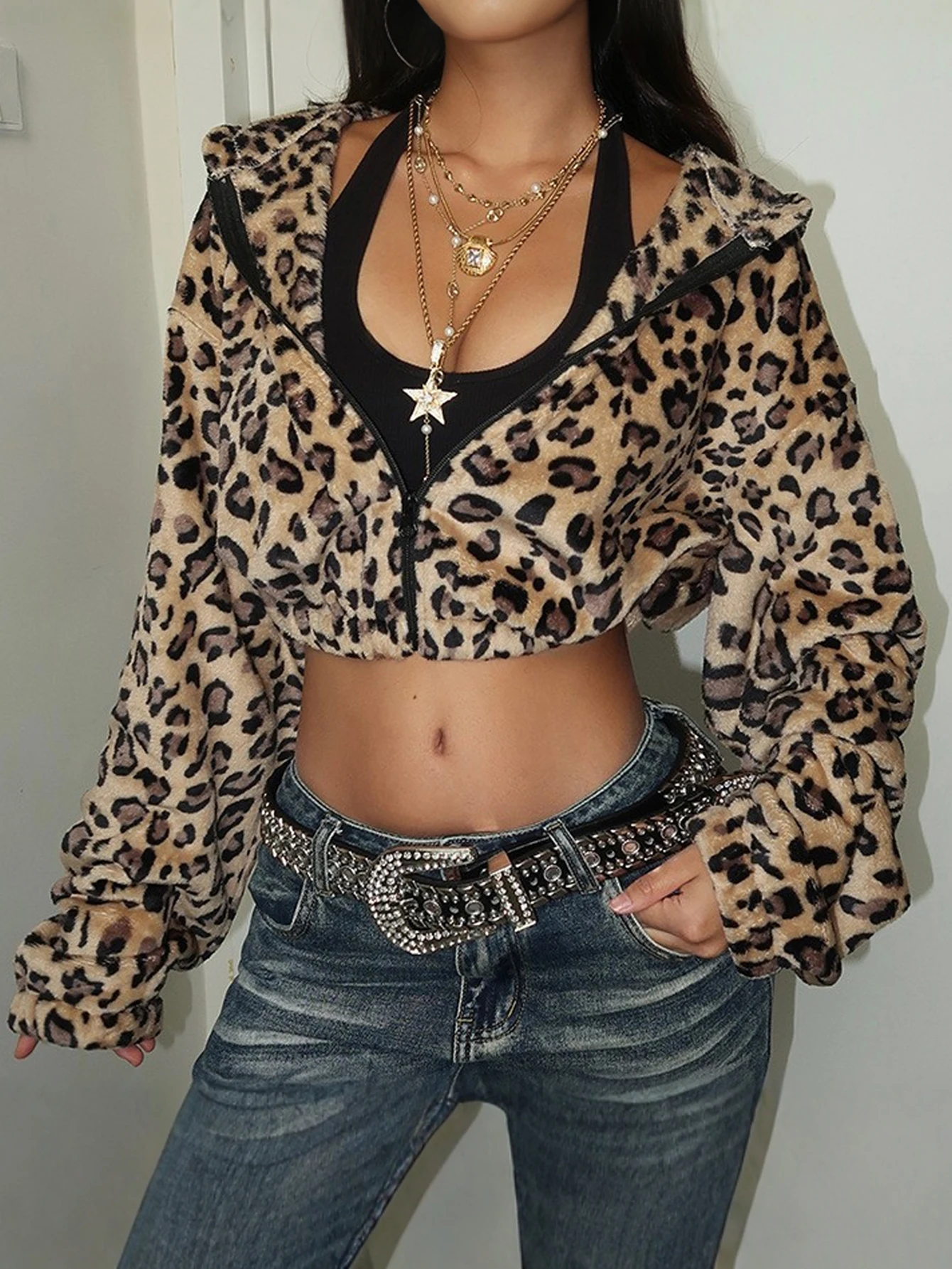 Sudadera con capucha con estampado de leopardo para mujer, cremallera recortada, frente abierto, manga larga, ropa de calle informal, Otoño Invierno, elegante salvaje