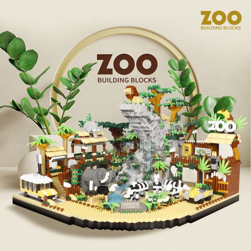 4800PCS Creative Micro Particle Africa Wilderness Lion Zebra Animal Zoom City Building Blocks Street View Assemble Bricks Toys