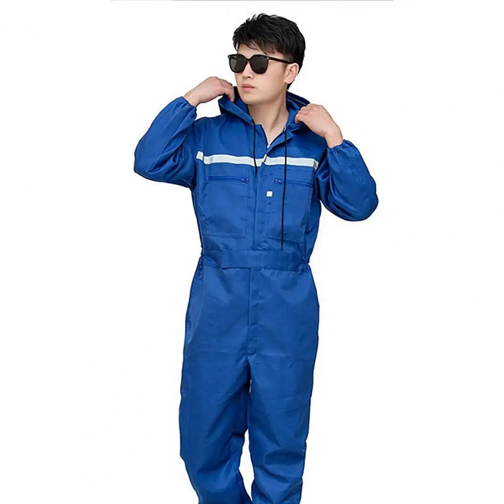 Reflective Men Work Overalls Drawstring Hooded Zipper Pockets Safety Women Worker Coveralls Mechcanic Jumpsuit Working Uniform