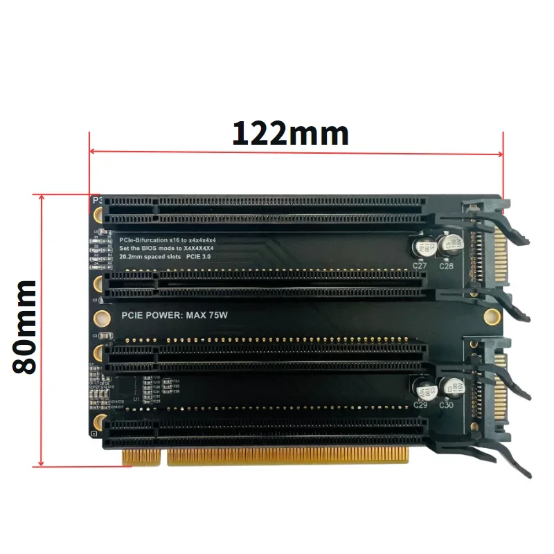 PCIe 3.0 X16 1 do 4 podzielonej karty karty rozszerzającej Gen3 x4x4x4x4x4 Adapter bifurkacji karta 1 do 4 Slot SATA zasilacz