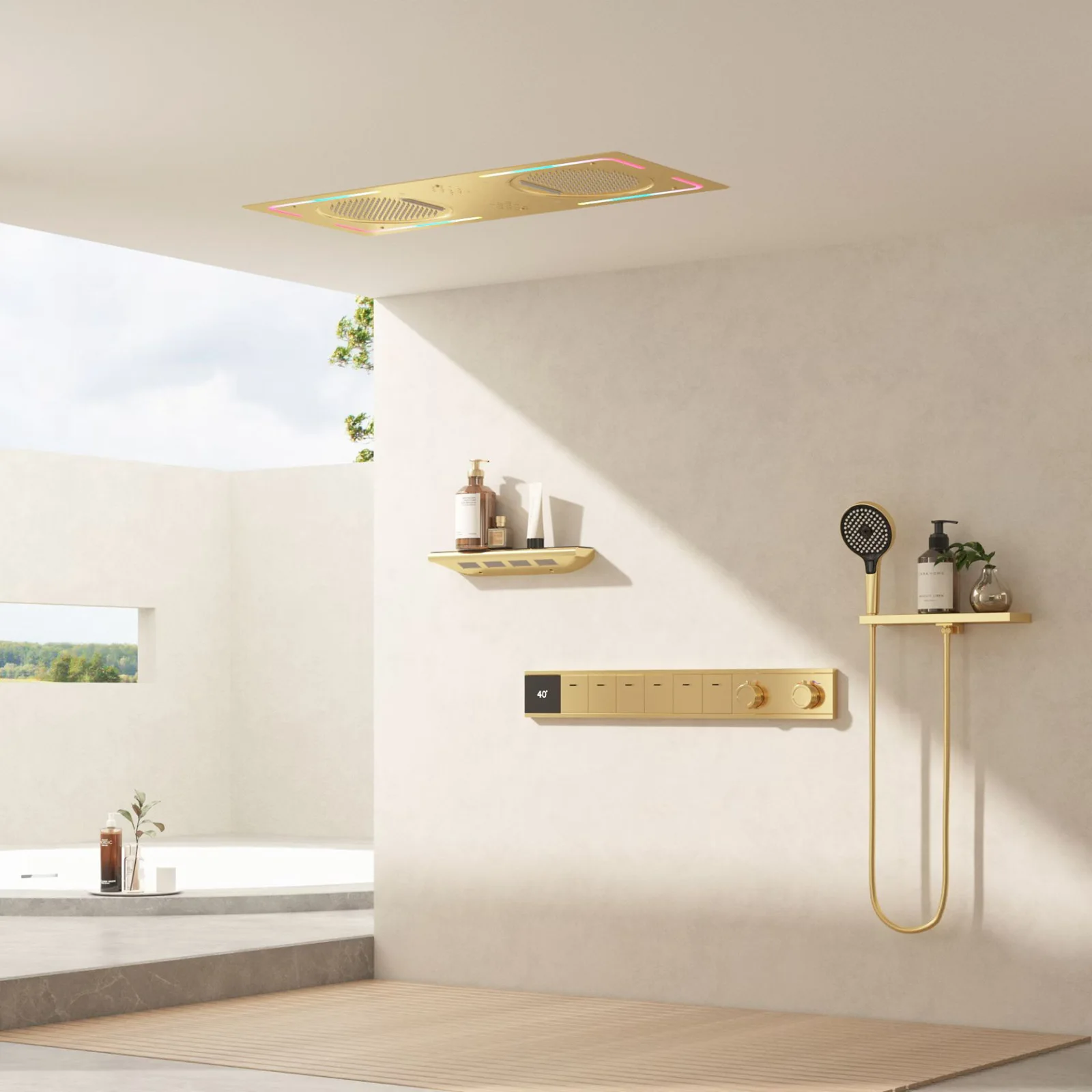 

Американская душевая система в стиле минимализм, цвет серый металлик, полностью медная, термостатическая, для потолочного монтажа