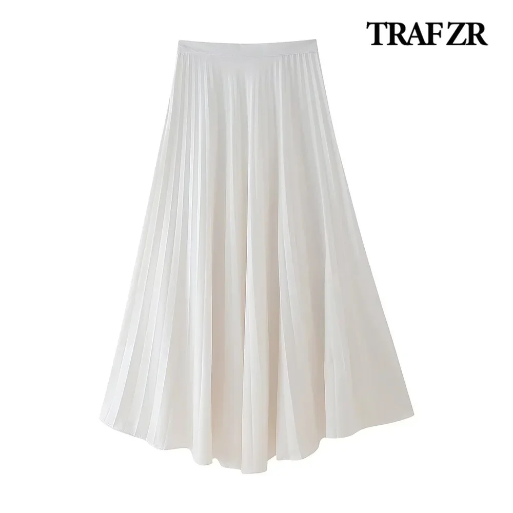 TRAF ZR Elegant Pleated Midi Skirt Side Zipper Woman 2024 Cozy Vintage A-line Skirts Flowy Stylish Chiffon Draped  Long Skirt