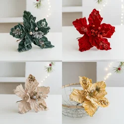 4-pack of high-end flannel sequin Christmas flowers, artificial gold champagne poinsettias for holiday tree decorations