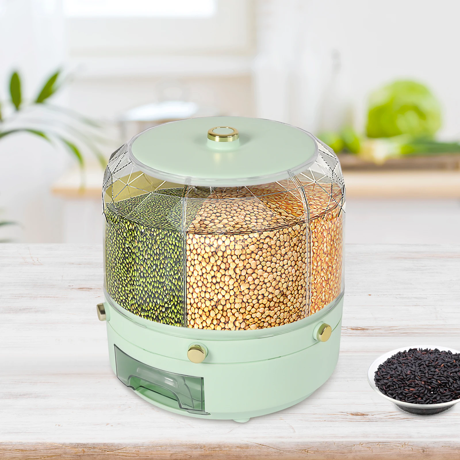 6-Grid Rotatable Grain Dispenser Dry Food Tank Sealed Cereal Separate Bucket Rice Round Storage Container Kitchen Storage Boxes