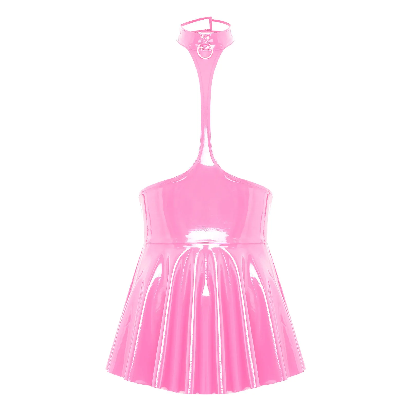 Womens Lingerie Breast Exposing Skirt Latex Mini Dress Wet Look Patent Leather Backless Open Chest Halter Ruffled Dress Clubwear
