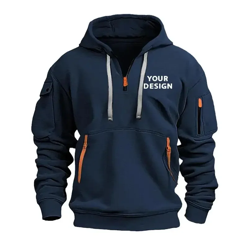

European New Men's Sports Zipper Arm Pocket Loose Casual Sweatshirt Customize Your Logo Dropped Shoulder Hooded Jacket Pullover