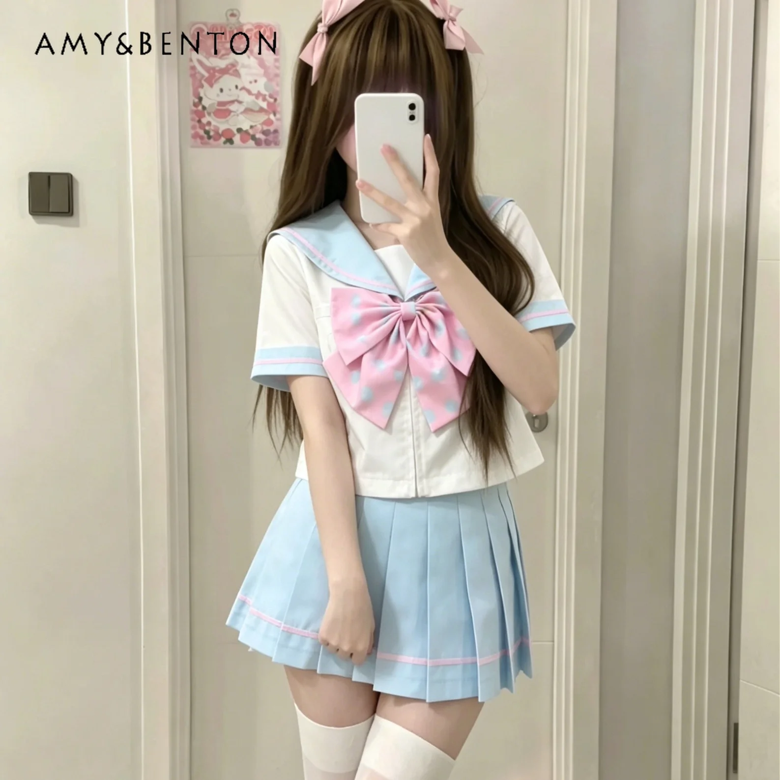 

Cute Sailor Suit Sweet Jk Uniform Suit Japanese Kawaii Navy Collar Polka Dot Print Big Bow Splicing Color Shirt Pleated Skirt