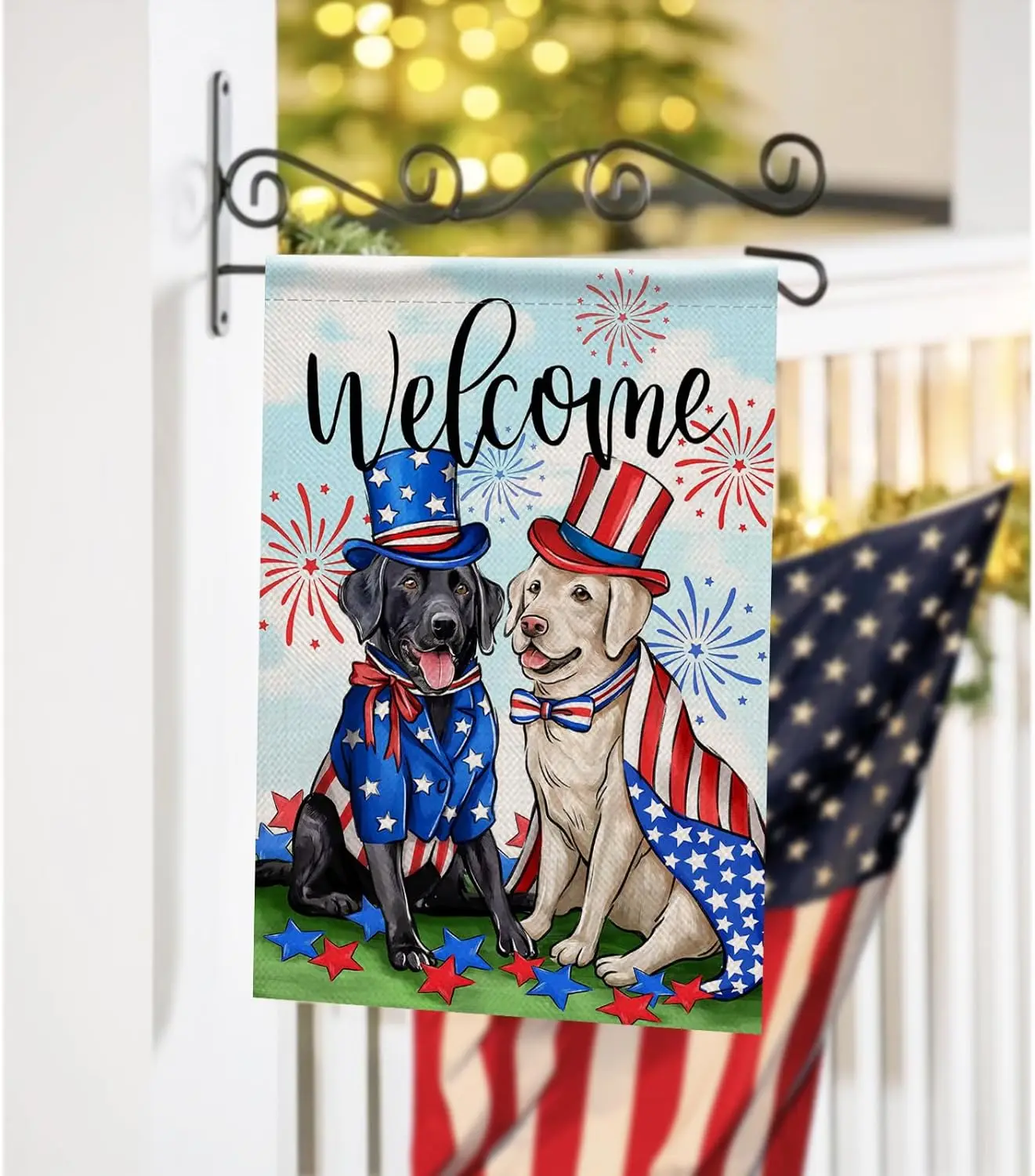 Welcome 4th of July Dog Patriotic Decorative Garden Flag, America USA Black Labrador Puppy Stars Stripes Yard Outside Decora zzo
