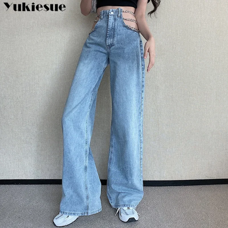 streetwear Side Cross Chain Hollow Out Wide-leg Women's Jeans High Waist Pants Sexy Elegant Ladies Europe Fashion Jeans woman