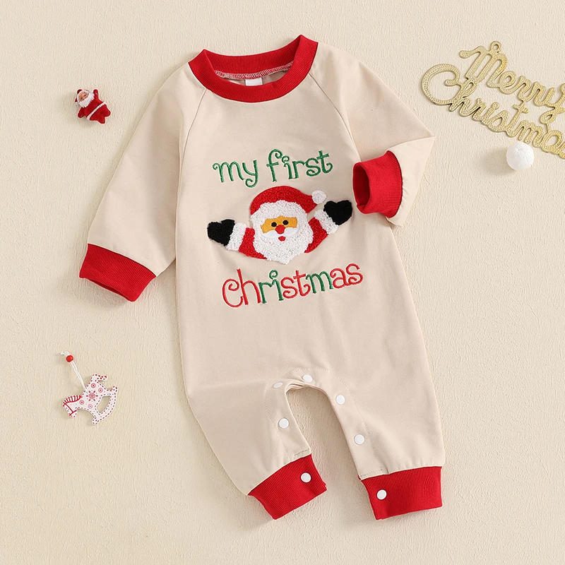 Baby Christmas Romper Letter Santa Claus Embroidery Long Sleeve Crew Neck Full Length Jumpsuit