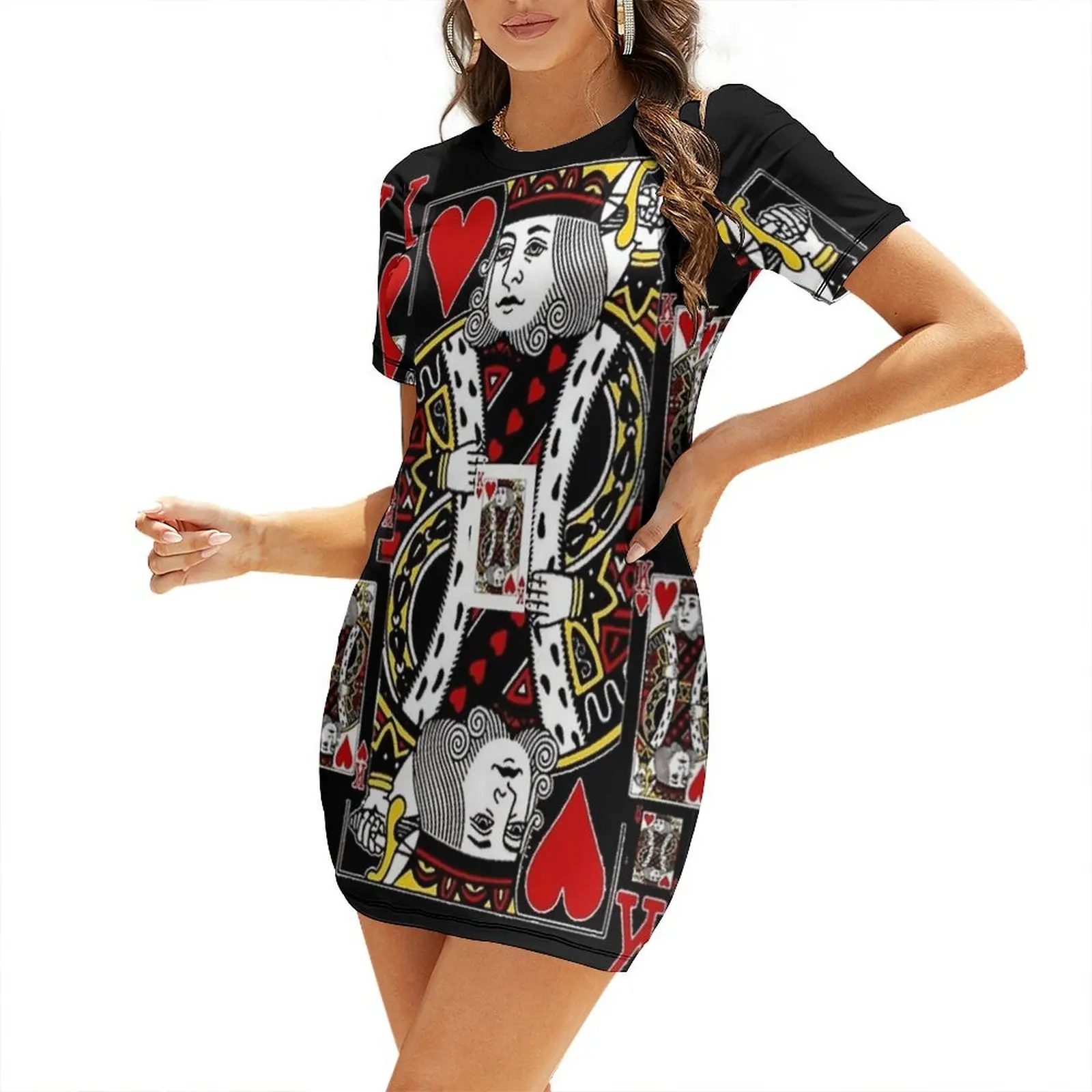 BLACK KING OF HEARTS CASINO PLAYING CARDS Short-Sleeved Dress women's fashion dresses evening dress ladies Casual dresses Dress