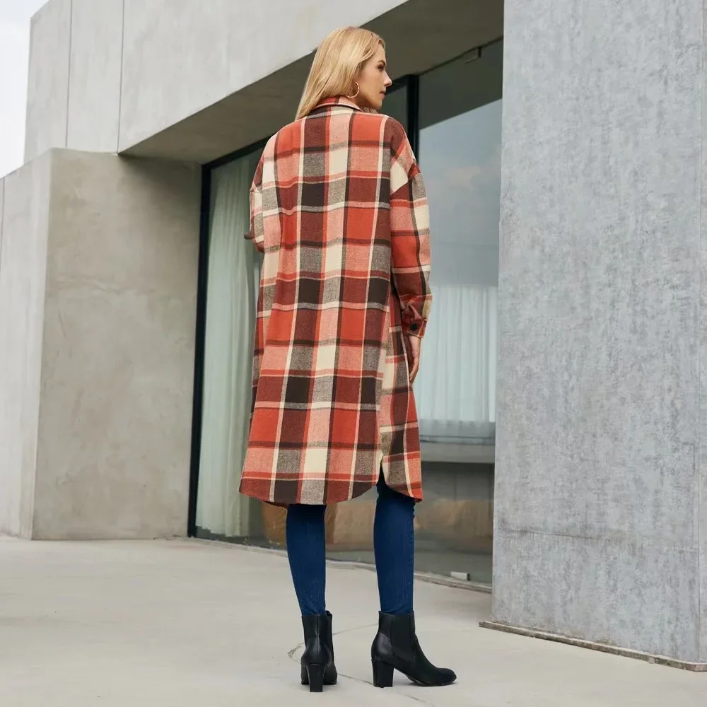 2024 New Autumn Shirt Coats Side Slit Lapel Loose Woolen Y2K Wool Trench Coat Women Long Sleeve Plaid Coat Pockets Shirt Jackets