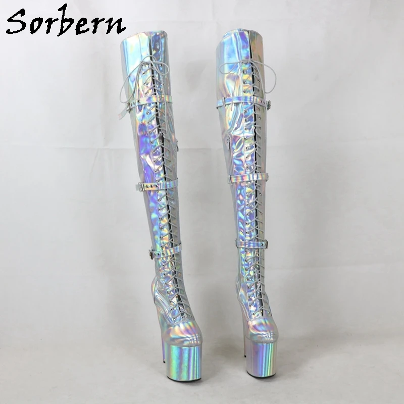 Sorbern 20cm Custom Wide Or Slim Legs Silver Holo Long Boots Women 8 Inch High Heel Pole Dance Stripper Heels