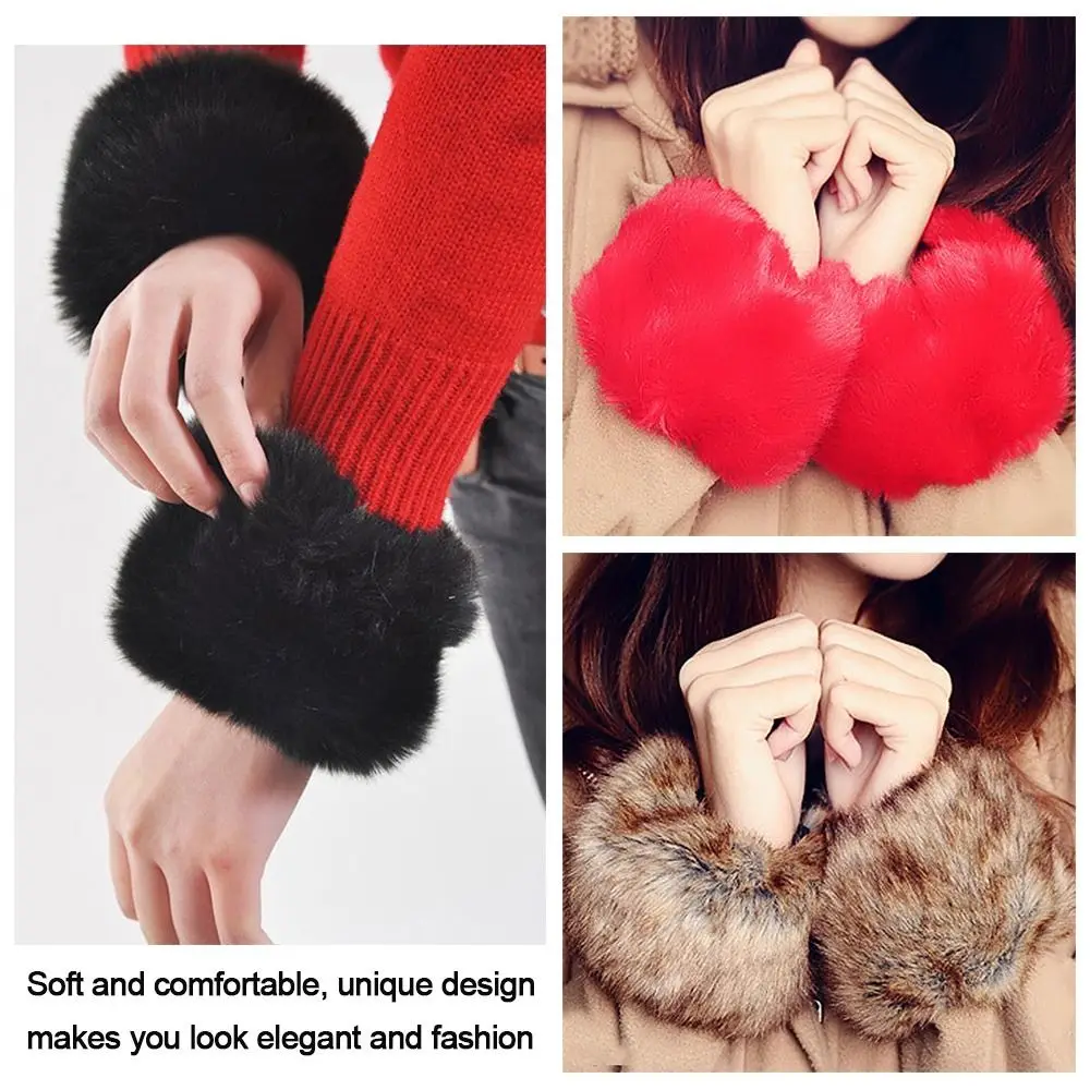 Women Fashion Winter Warm Faux Fur Elastic Wrist Slap On Cuffs Ladies Solid Color Arm Warmer Plush Wrist Protector