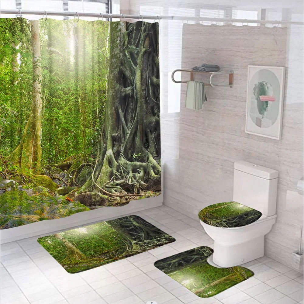 Green Forest Shower Curtain Set Nature Landscape Tree Sunlight Woodland Bathroom Curtains Non-Slip Bath Mat Rug Lid Toilet Cover