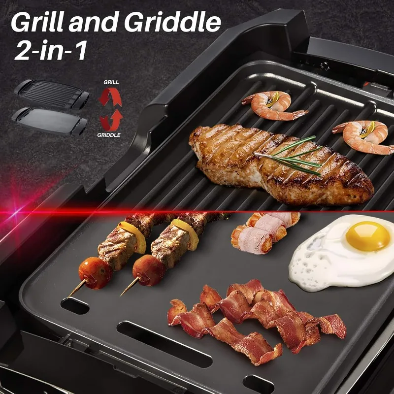 Smokeless Indoor Grill 1800-Watt Electric Griddle with Reversible 2 in 1 Grill and Griddle Plates Plate, Glass Lid.