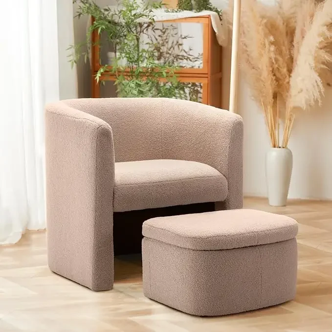 Upholstered Sherpa Barrel Accent Chair with Storage Ottoman, Living Room Side Chair, Single Sofa Armchair with Lou