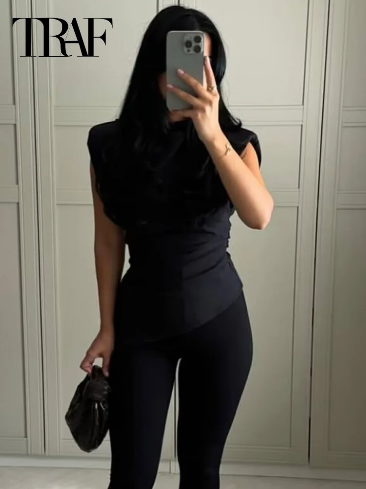 HXAO Tops asimétricos con volantes para mujer, camisetas sin mangas y camisola de verano 2021, camisetas sin mangas negras y marrón burdeos, chalecos sin mangas con cuello redondo fruncido