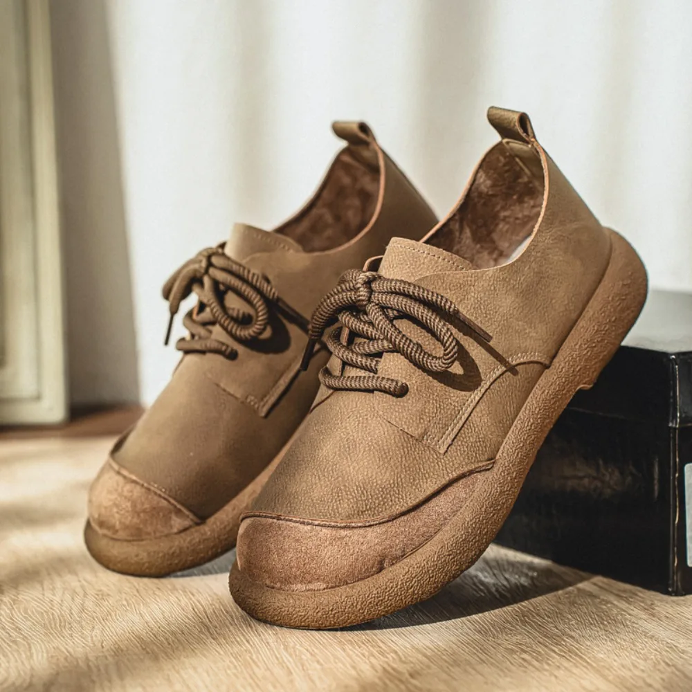 New Men's Casual Leather Shoes Retro Trend Big Head Shoes Low Top Lace Up Soft Soled Casual Shoes Versatile Fashion Shoe Men