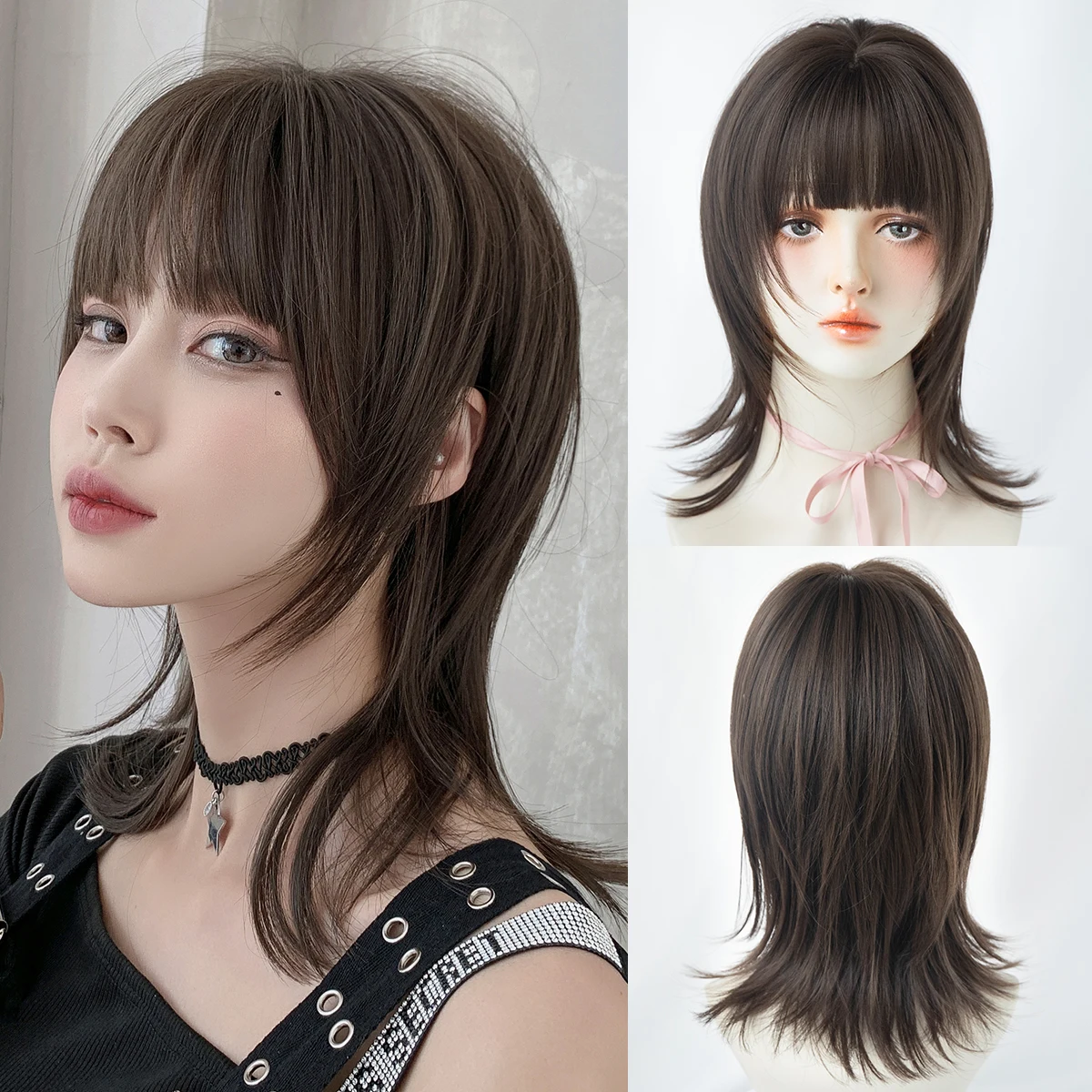 7JHH WIGS Schulterlange, glatte, coole braune Perücke für Damen, synthetische, geschichtete, modische Perücke zum sofortigen Tragen mit ordentlichem Pony