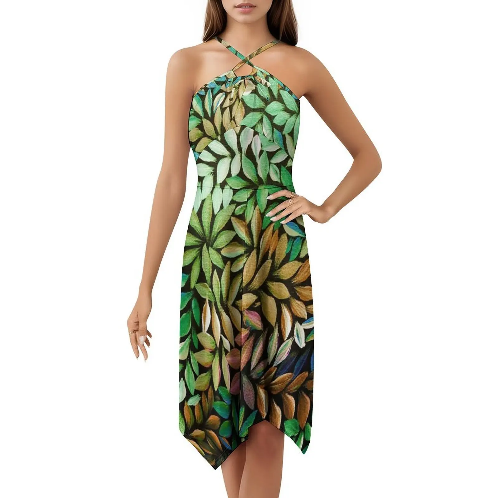 فن السكان الأصليين الأسترالي يترك فستان كاجوال على الطراز الكوري الأخضر للنساء فساتين مكتب يومية بسيطة للسيدات فن السكان الأصليين #5