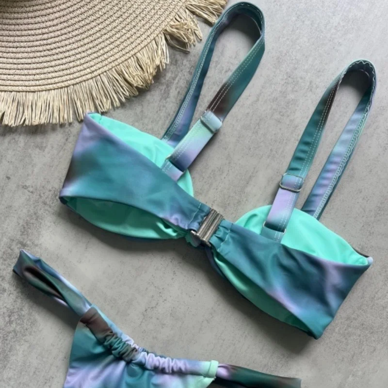 

Vintage Tie Dye Swimsuit Women Bikini Push Up Fashion Ruched Suspender Bikini Set 2025 New Summer Swimming Swimwear Beachwear