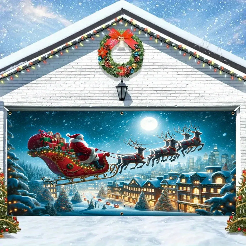 Large Christmas garage door banner Santa with reindeer sleigh design, durable polyester