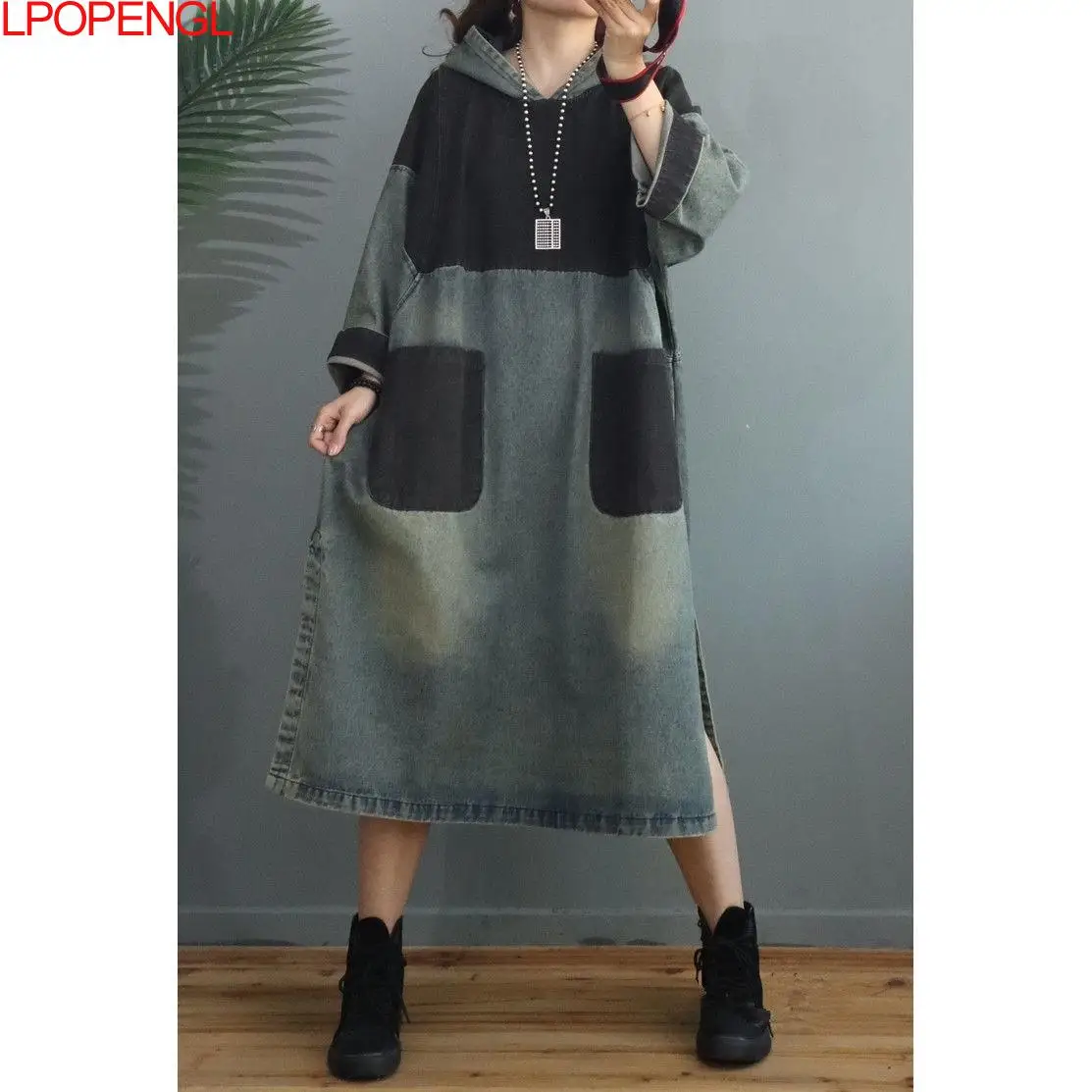 Autumn Winter Women Pullover Loose Vintage Hooded Denim Dresses 2022 European Style Casual Patchwork Long Pockets Dress Robes