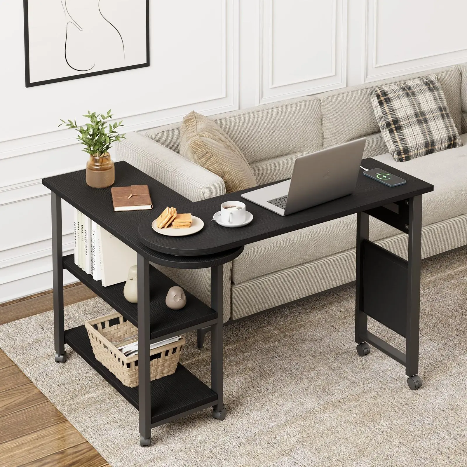 360° Rotating Side Table with Built-in Charging Station, Extra Storage Bag, And 6 Lockable Swivel Wheels