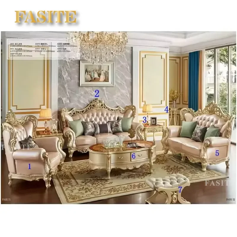 For European Style Living Room Furniture Sets Luxury Royal Carved Solid Wood Genuine Leather Sofa Set Home Decor