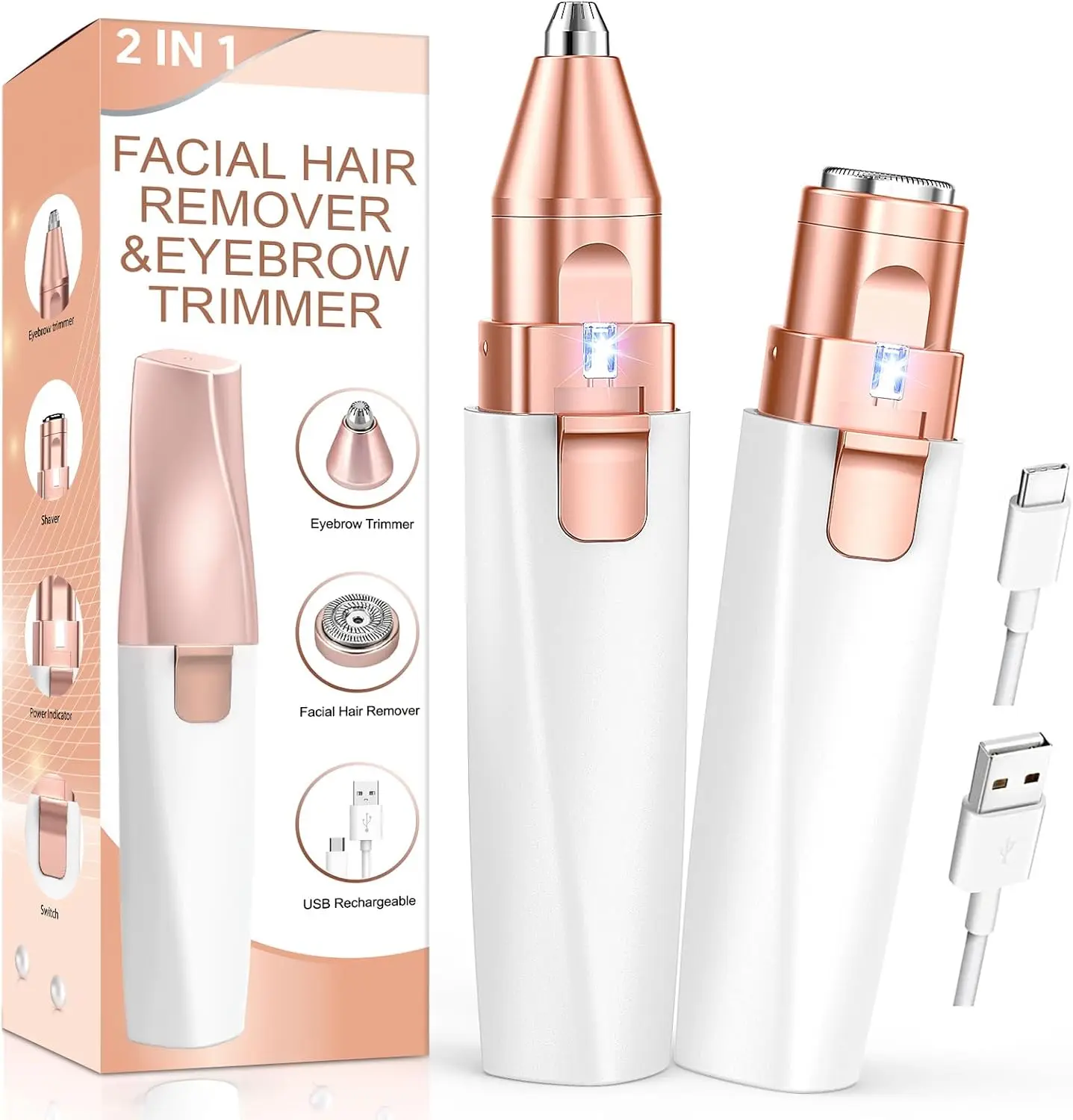 

2 in 1 Rechargeable Eyebrow Trimmer & Face Shaver for Women with LED Light