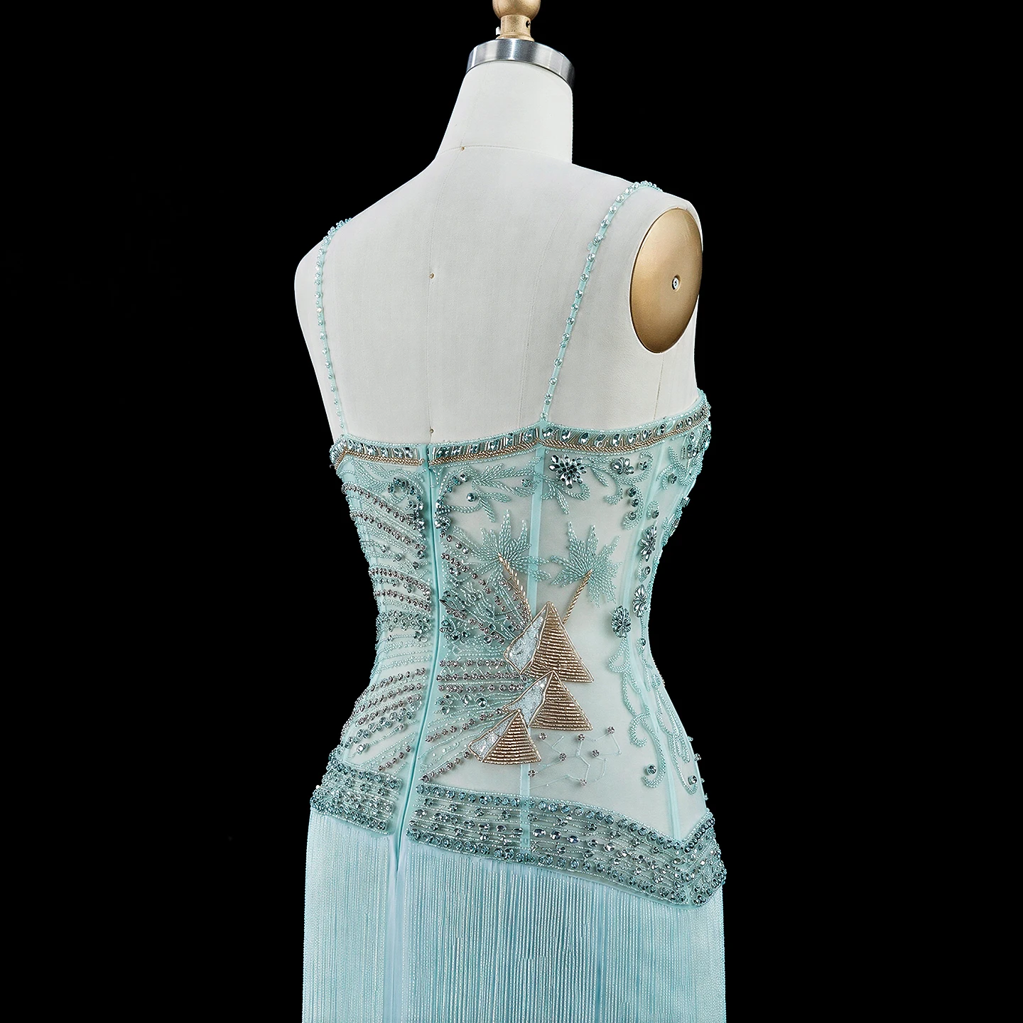 Sharon Said Abendkleider Luxus Spaghettiträger Etuikleid Tüll Perlen Quasten Kristalle Dubai Formelles Partykleid SS202 Maßanfertigung – Detail 10