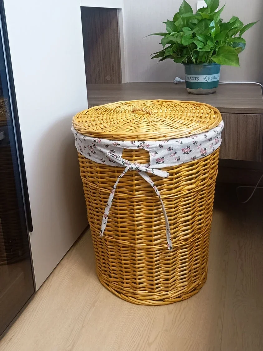 Rattan Wicker Laundry Basket Household round with Lid Storage Basket Laundry Baskets