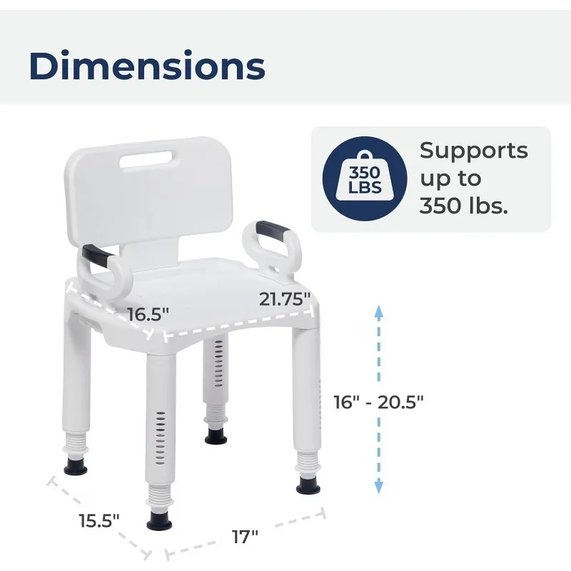 Adjustable Elderly/Handicap Bathroom Bench with Back and Arms,  with Suction-Style Tips on the Legs,White