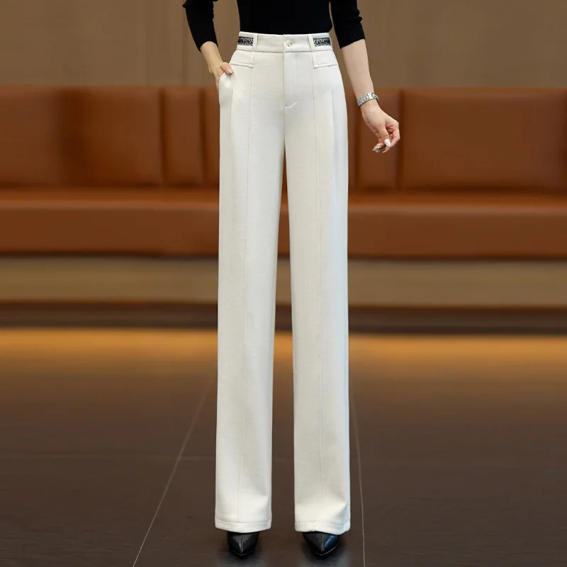 Pantaloni eleganti da donna a gamba larga stretta, nuovi pantaloni casual drappeggiati a vita alta autunnali e invernali