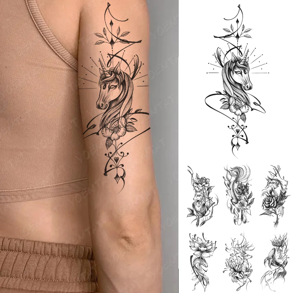 

Unicorn Waterproof Temporary Tattoo Sticker Beauty Horse Rose Flower Branch Harajuku Tatto Body Art Arm Fake Tattoos Men Women