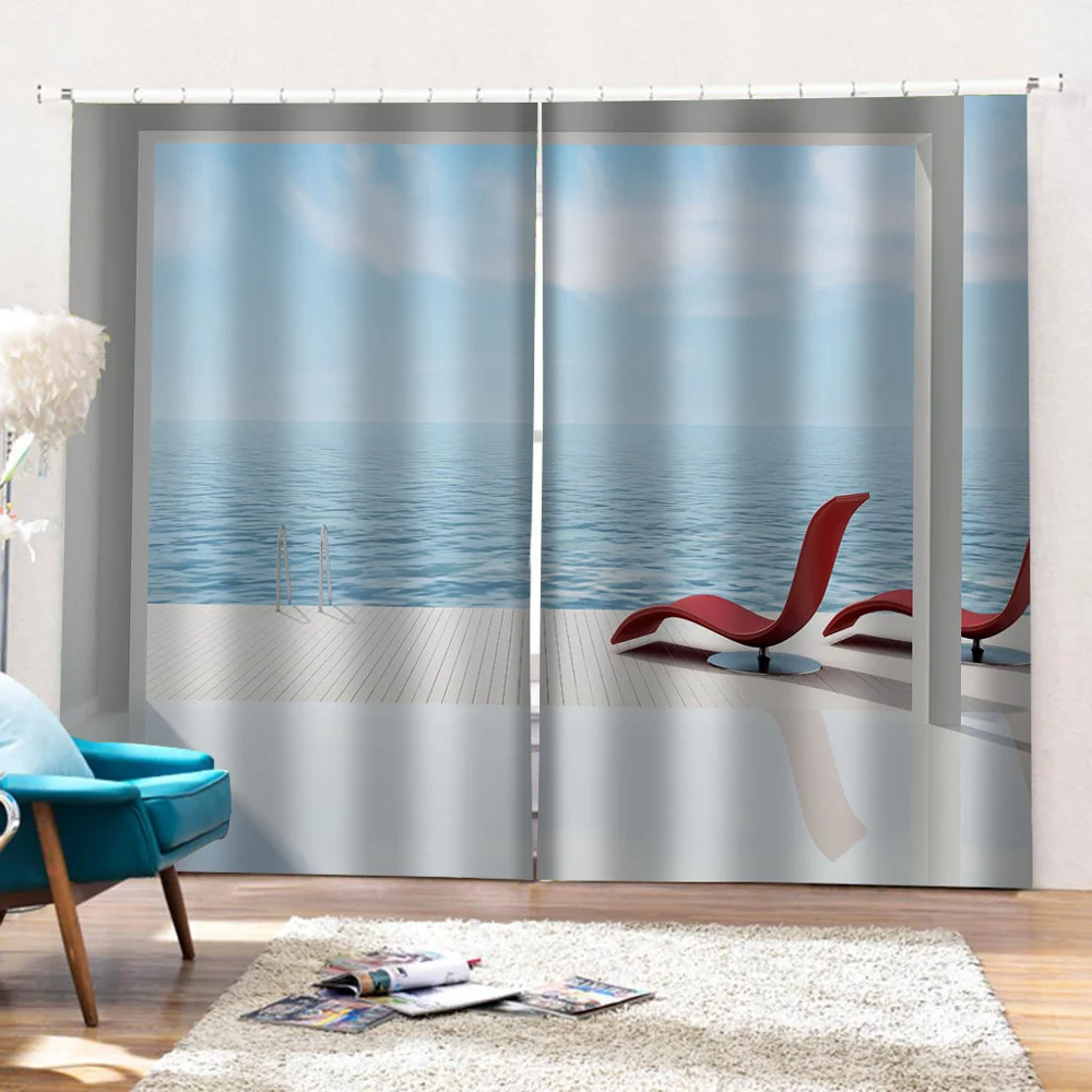 Nature scenery curtains photo Blackout Window Drapes Luxury 3D Curtains For Living room blue seaside curtains