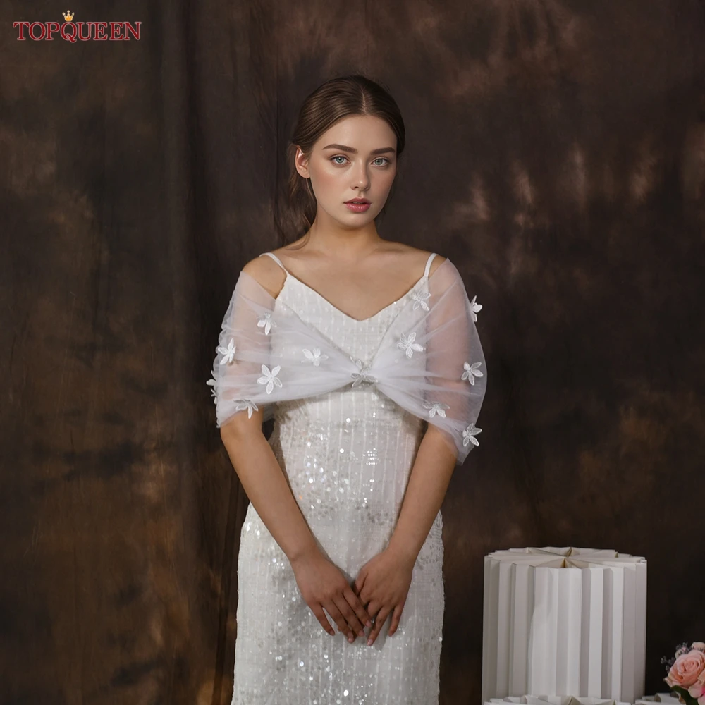 

TOPQUEEN Простое и стильное свадебное кружевное платье-накидка с цветочным декором и коротким рукавом без бретелек MG48