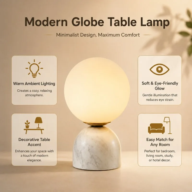 Nordic Style Round Glass Table Lamp with Minimalist Marble Base LED Bedside Light for Bedroom Living Room Study Home Lighting