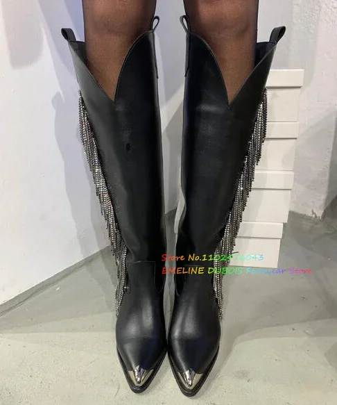 Metal Pointed Toe Crystal Tassel Knee High Boots Women Leather Fringe Rhinestone Thick Heel Slip On Long Boots For Ladies