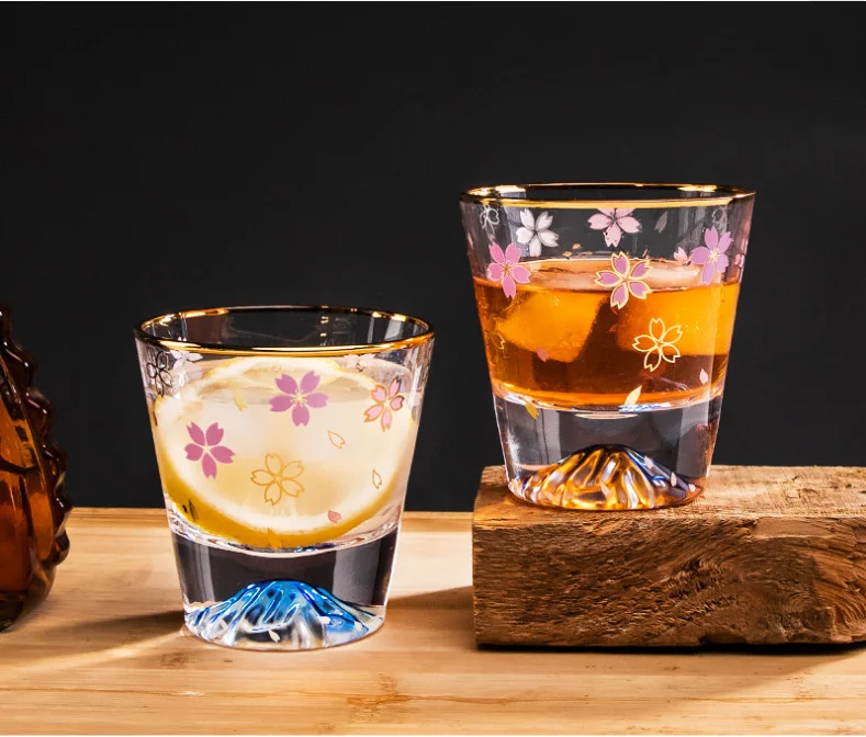 

Glass cup, Fuji Mountain romantic cherry blossom business tea, volcano cup, pink snow mountain cup, party couple gift