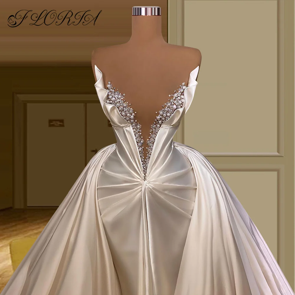 2 Design Elegant Ivory Satin Largo Wedding Dress Long Sleeves Beading Pearl Detachable Train Bridal Gown Vestidos De Novia Civil