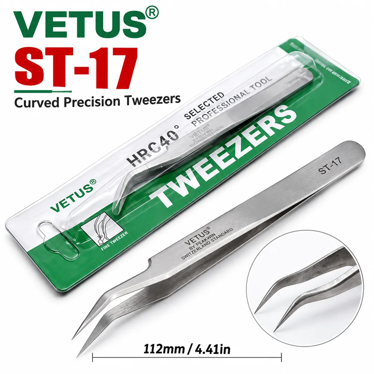 VETUS ST-17 Präzisionspinzette aus Edelstahl mit gebogener Spitze für die Reparatur von Leiterplatten, SMD-Bauteilen und Elektronik – Detail 6