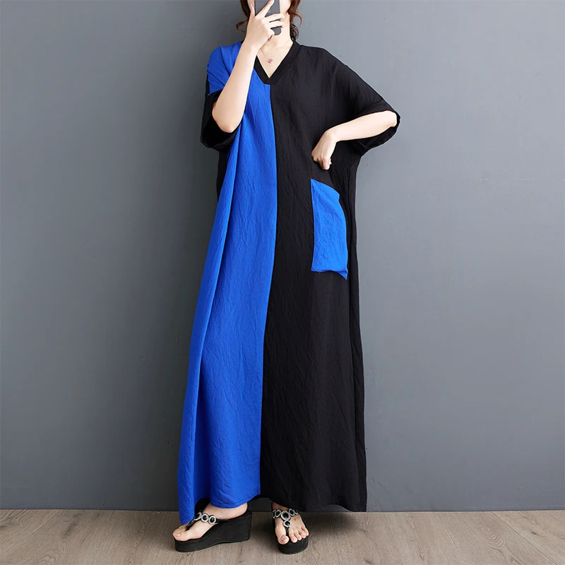 

Summer New plus Size Thin Silk Linen V-Ne ort Sve Color Blo Long Dr A-Line Skirt Comfortable Fit Commute Sle