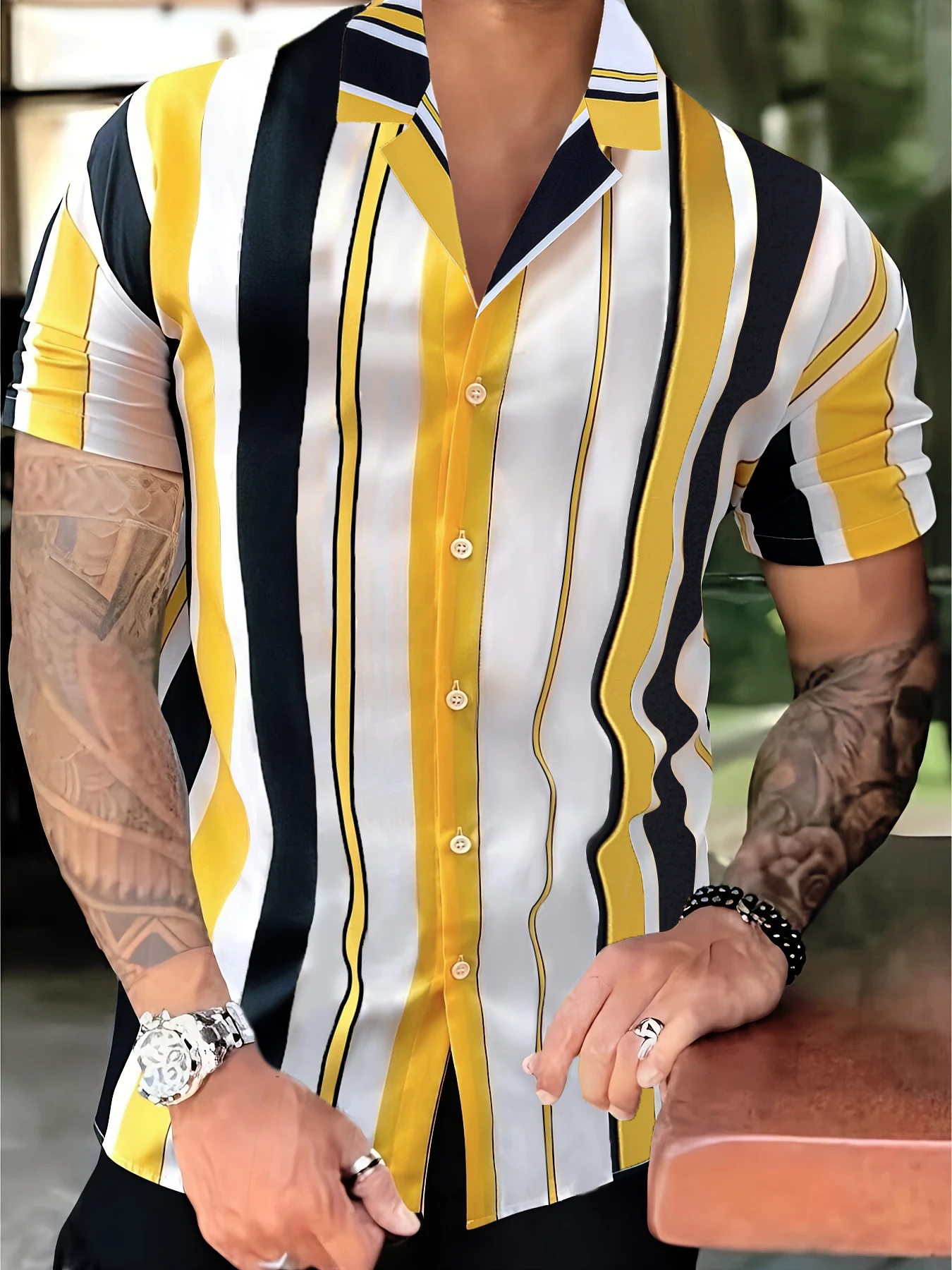 

Yellow Black White Color Block Striped Cuban Shirt + Black Casual Shorts, Vacation Style Men's Set
