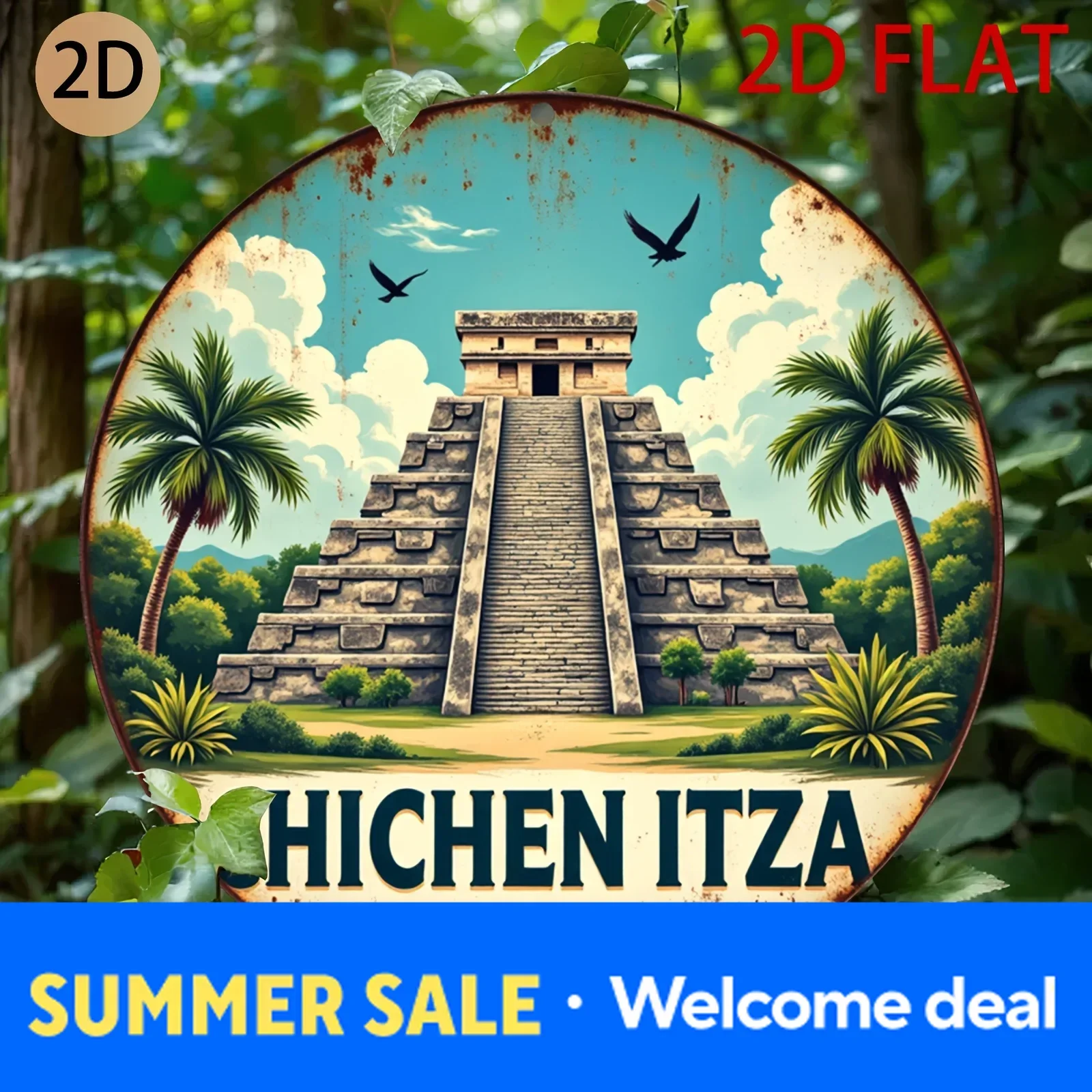 2D Flat Circular Tin Metal Logo - Chichen Itza Mexico Retro Wall Art, Vintage Aluminum Decor with Pre-Drilled Holes for Home