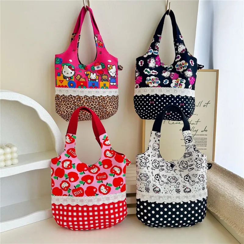 

Hello Kitty Handbag Print KT Cute Cartoon Cat Fabric Splicing Walking Large Capacity Toy Jewelry Coin Purse Women Accessories