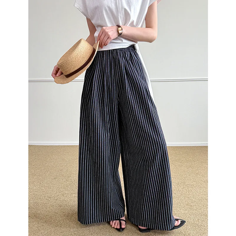 صيف جديد بسيط عمودي مخطط عارضة السراويل النسائية فضفاضة واسعة الساق الطابق التطهير السراويل #3