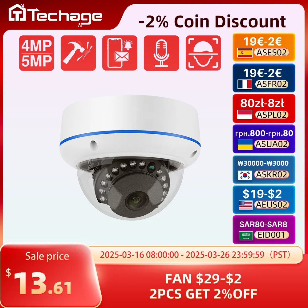 Techage H.265 4MP 5MP Indoor Dome 48V POE IP Camera Audio VandalProof IPC P2P Video CCTV Security Surveillance Onvif Protocol