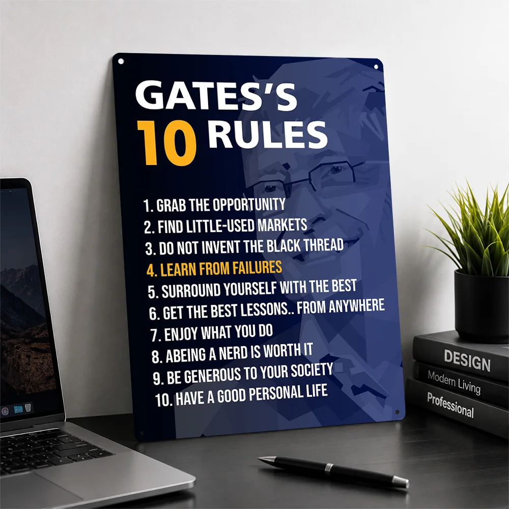 Bill Gates Rules Poster Quote Wall Art Personalized Vintage Metal Sign for Office Gym Study Room Home Decor Inspirational Gift